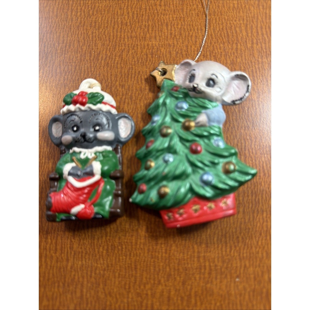Vintage Alberta's Ceramic Mold Mouse on Christmas Tree Hand-Painted Ornaments